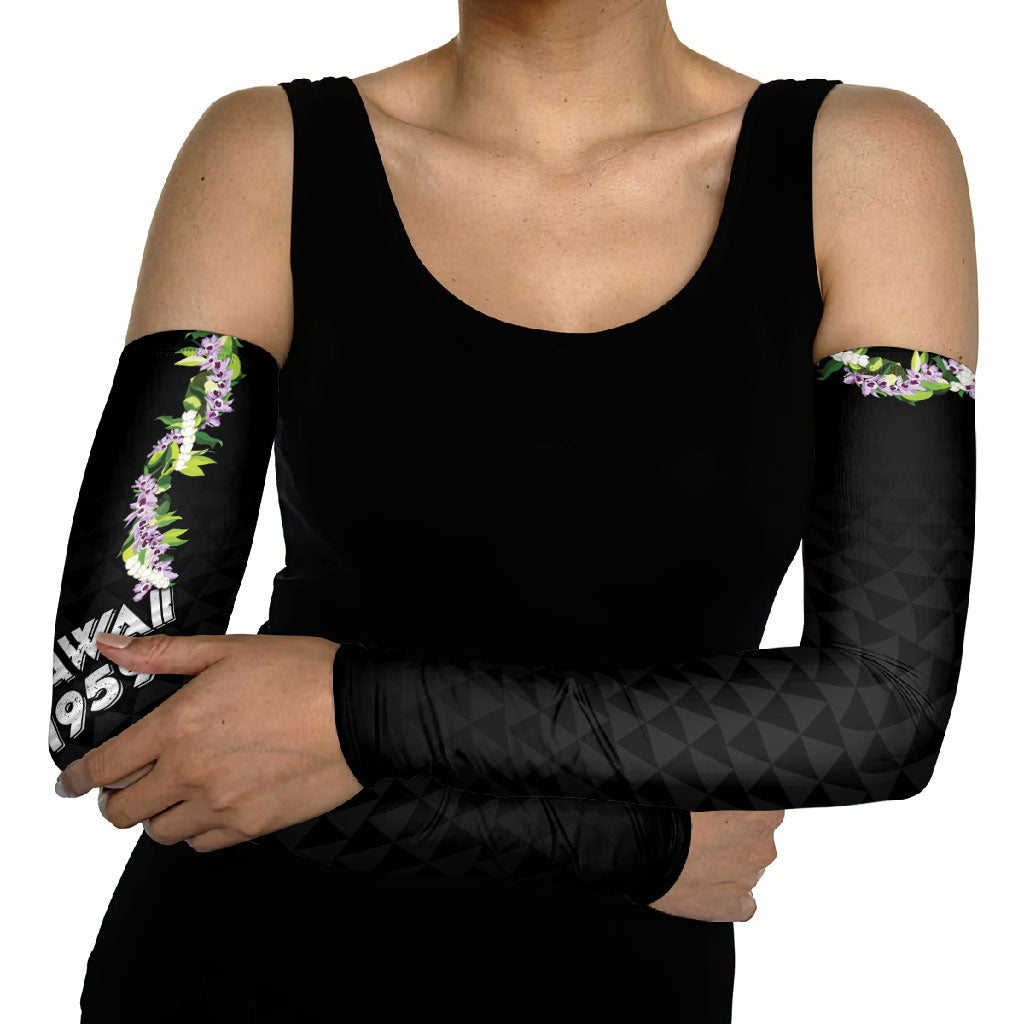 Hawaii Statehood Day Arm Sleeves Kakau Pattern With Maile Pikake Honohono Lei