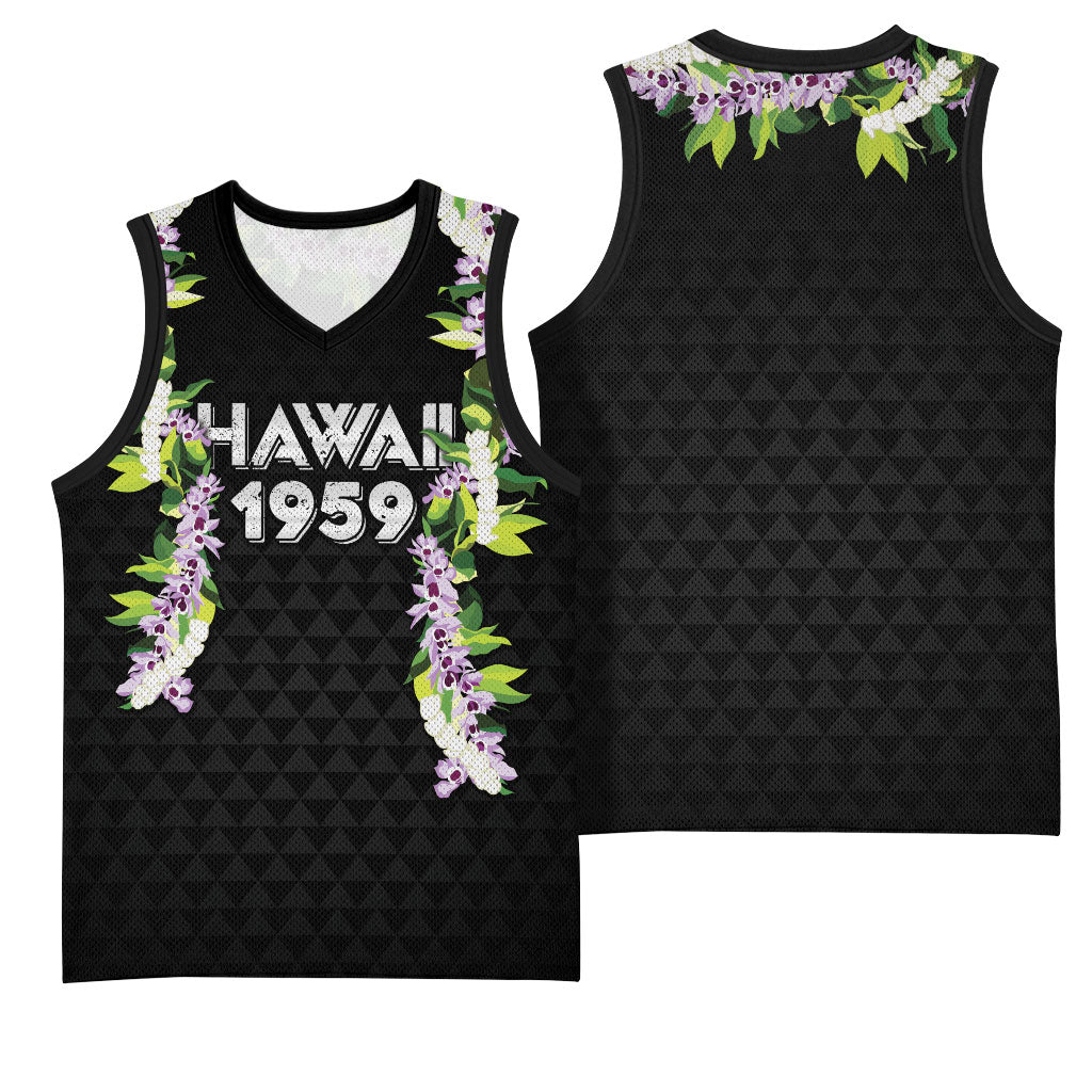 Hawaii Statehood Day Basketball Jersey Kakau Pattern With Maile Pikake Honohono Lei