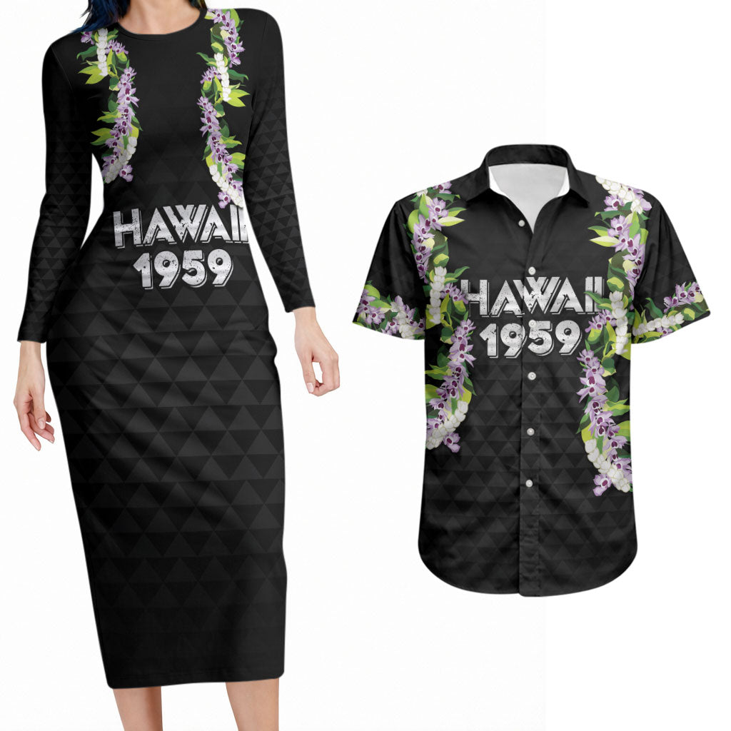 Hawaii Statehood Day Couples Matching Long Sleeve Bodycon Dress and Hawaiian Shirt Kakau Pattern With Maile Pikake Honohono Lei LT05 Black - Polynesian Pride