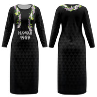 Hawaii Statehood Day Couples Matching Long Sleeve Bodycon Dress and Hawaiian Shirt Kakau Pattern With Maile Pikake Honohono Lei