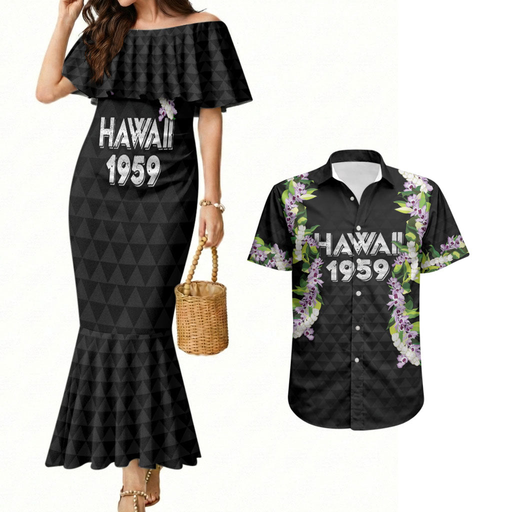 Hawaii Statehood Day Couples Matching Mermaid Dress and Hawaiian Shirt Kakau Pattern With Maile Pikake Honohono Lei