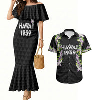 Hawaii Statehood Day Couples Matching Mermaid Dress and Hawaiian Shirt Kakau Pattern With Maile Pikake Honohono Lei