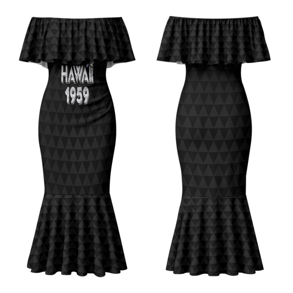 Hawaii Statehood Day Couples Matching Mermaid Dress and Long Sleeve Button Shirt Kakau Pattern With Maile Pikake Honohono Lei