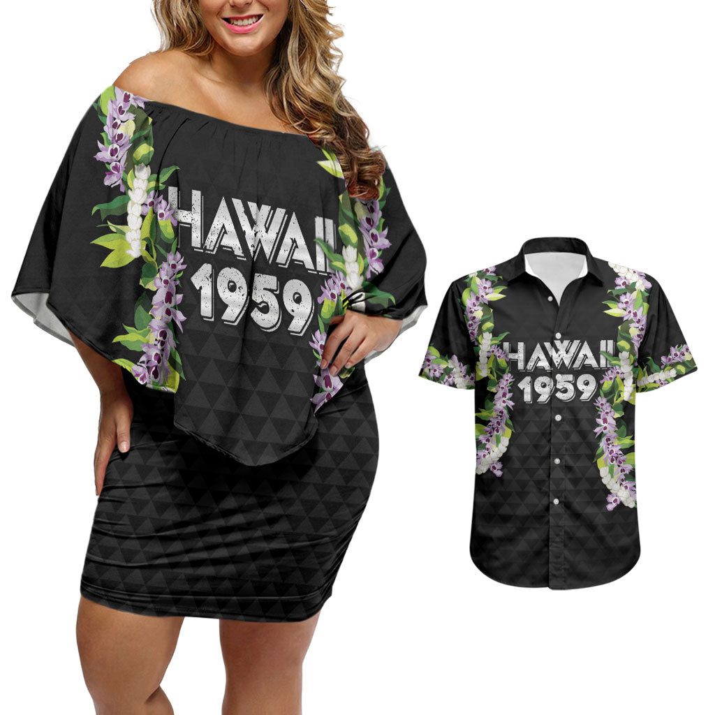 Hawaii Statehood Day Couples Matching Off Shoulder Short Dress and Hawaiian Shirt Kakau Pattern With Maile Pikake Honohono Lei