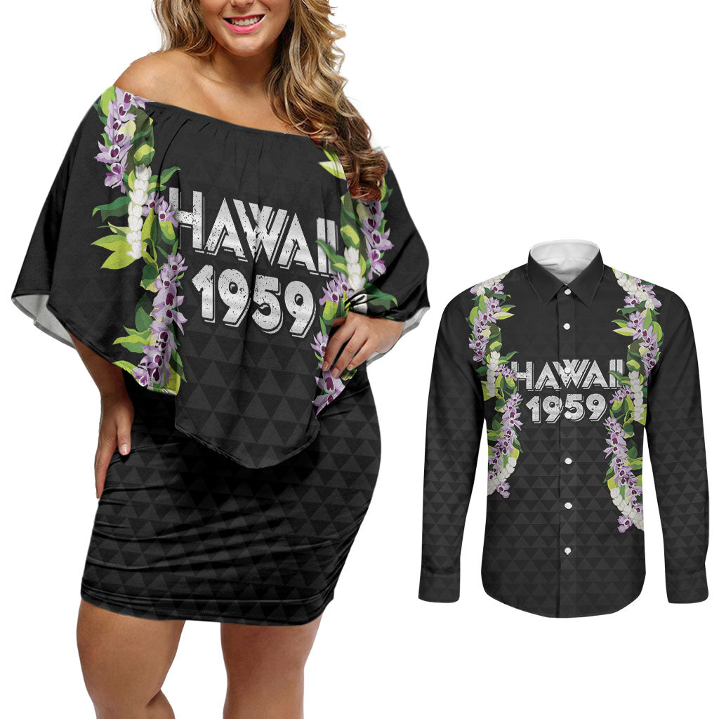 Hawaii Statehood Day Couples Matching Off Shoulder Short Dress and Long Sleeve Button Shirt Kakau Pattern With Maile Pikake Honohono Lei