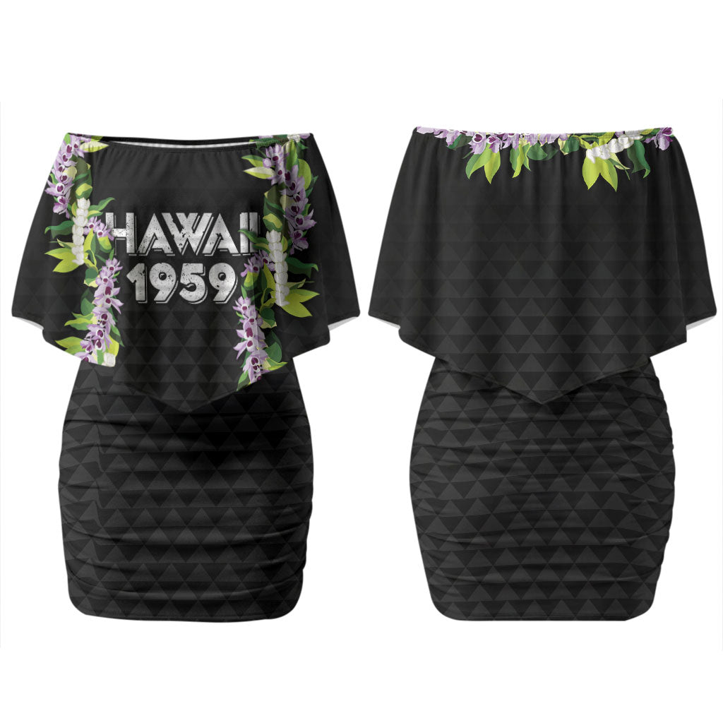 Hawaii Statehood Day Couples Matching Off Shoulder Short Dress and Long Sleeve Button Shirt Kakau Pattern With Maile Pikake Honohono Lei