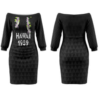 Hawaii Statehood Day Couples Matching Off The Shoulder Long Sleeve Dress and Hawaiian Shirt Kakau Pattern With Maile Pikake Honohono Lei