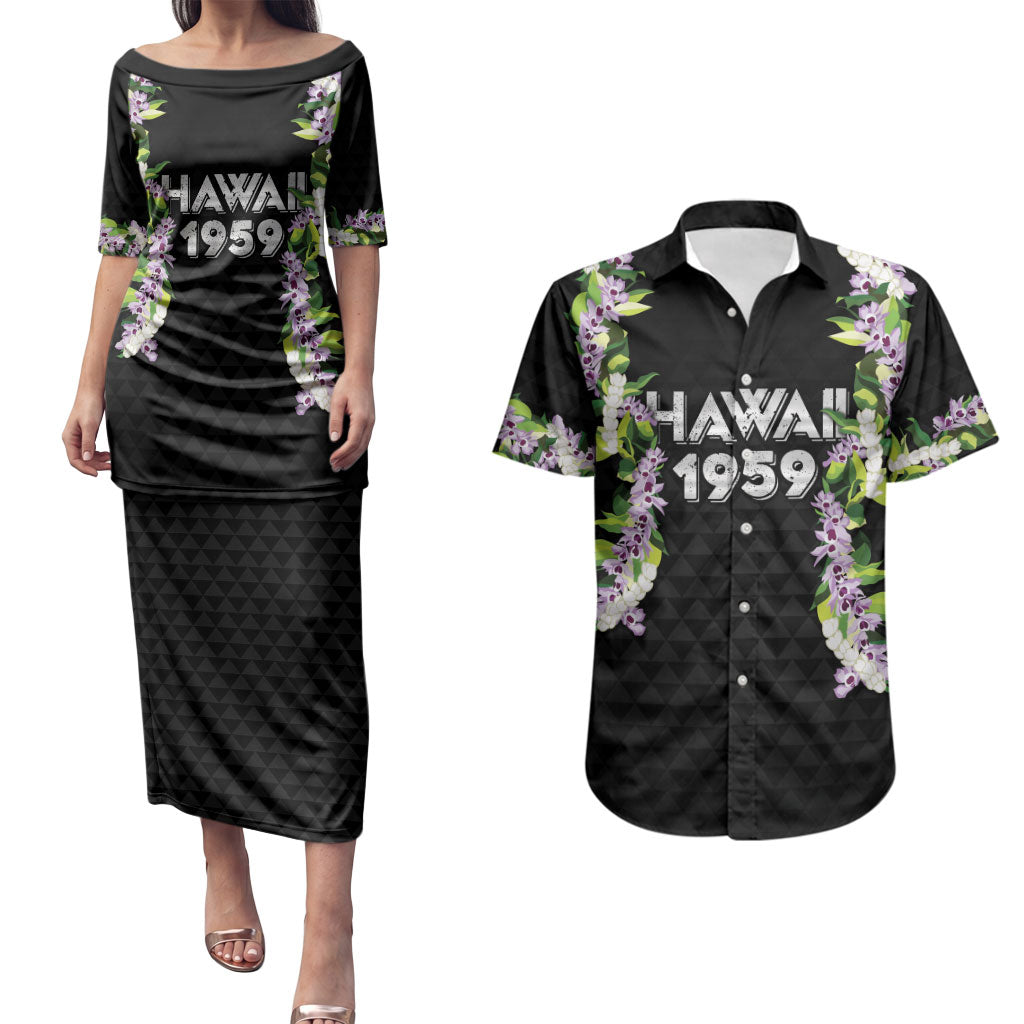 Hawaii Statehood Day Couples Matching Puletasi and Hawaiian Shirt Kakau Pattern With Maile Pikake Honohono Lei