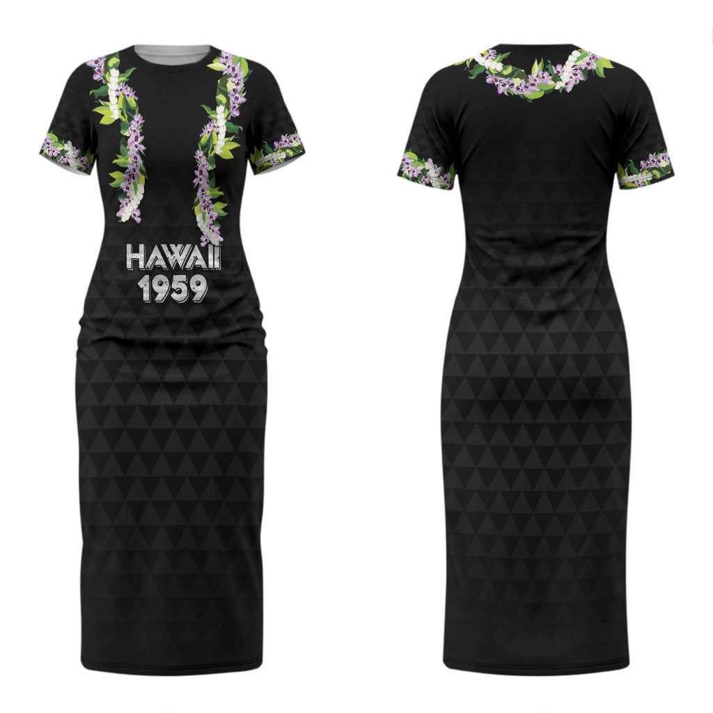 Hawaii Statehood Day Couples Matching Short Sleeve Bodycon Dress and Long Sleeve Button Shirt Kakau Pattern With Maile Pikake Honohono Lei