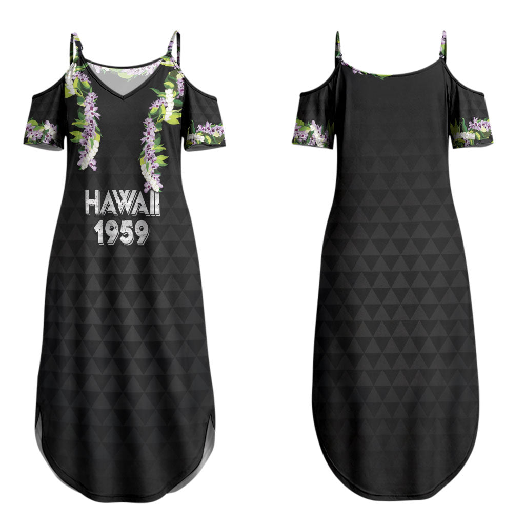 Hawaii Statehood Day Couples Matching Summer Maxi Dress and Long Sleeve Button Shirt Kakau Pattern With Maile Pikake Honohono Lei