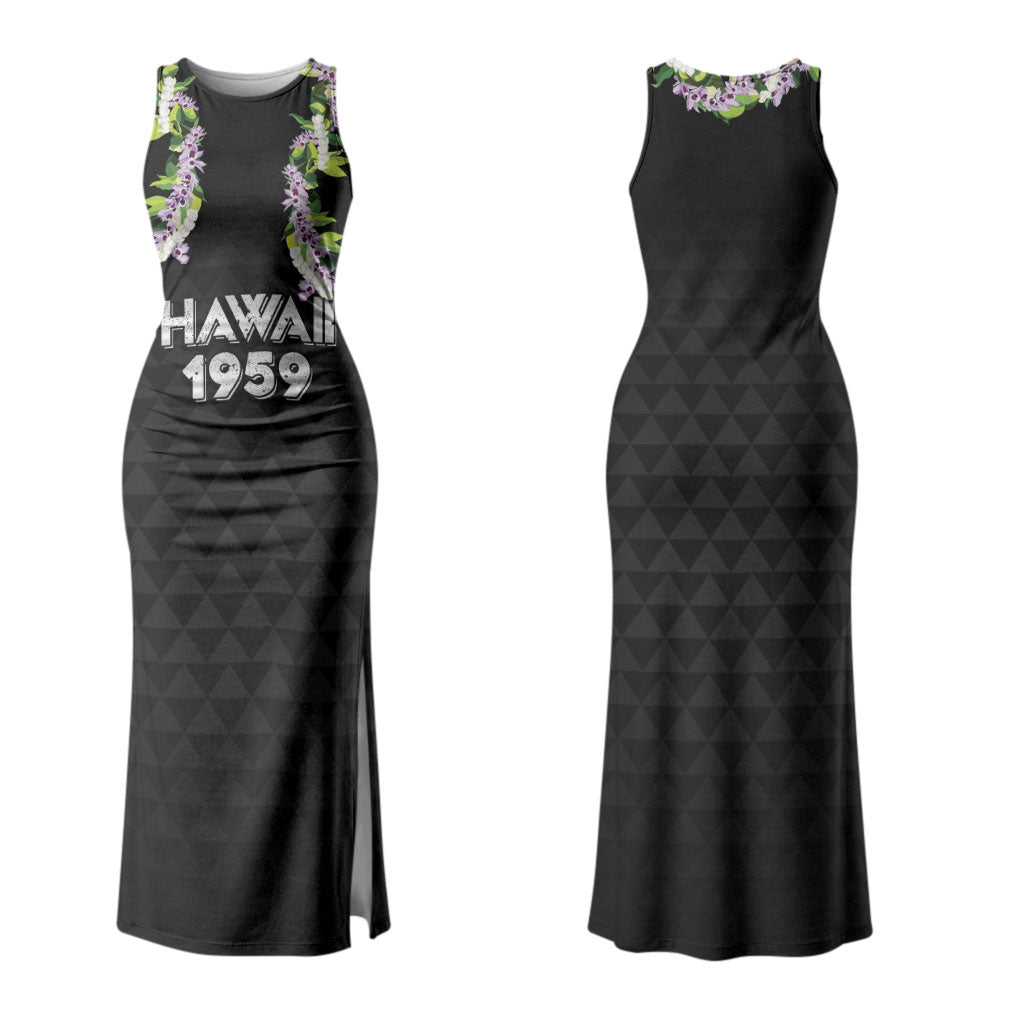 Hawaii Statehood Day Couples Matching Tank Maxi Dress and Long Sleeve Button Shirt Kakau Pattern With Maile Pikake Honohono Lei