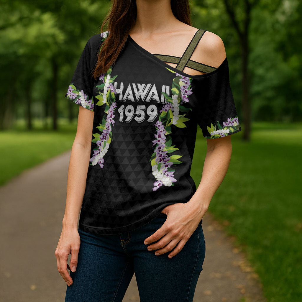 Hawaii Statehood Day Cross Shoulder Shirt Kakau Pattern With Maile Pikake Honohono Lei