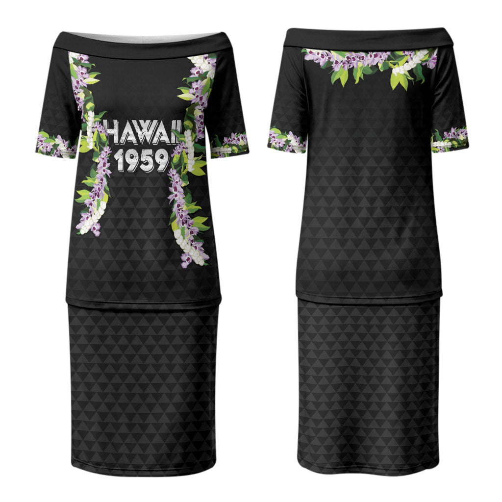 Hawaii Statehood Day Family Matching Puletasi and Hawaiian Shirt Kakau Pattern With Maile Pikake Honohono Lei