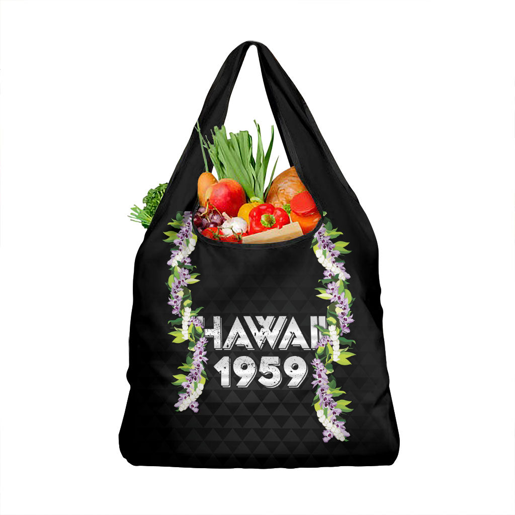 Hawaii Statehood Day Grocery Bag Kakau Pattern With Maile Pikake Honohono Lei