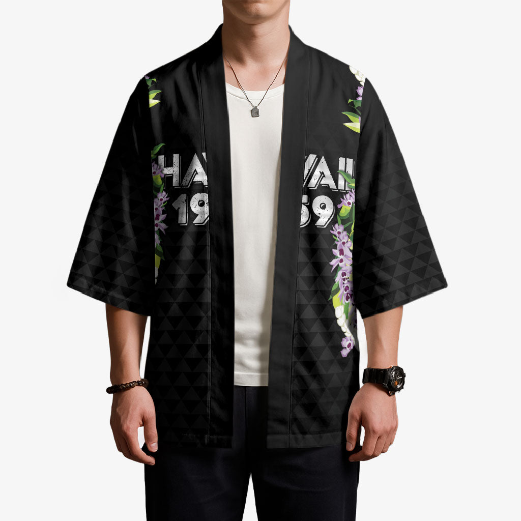 Hawaii Statehood Day Kimono Kakau Pattern With Maile Pikake Honohono Lei