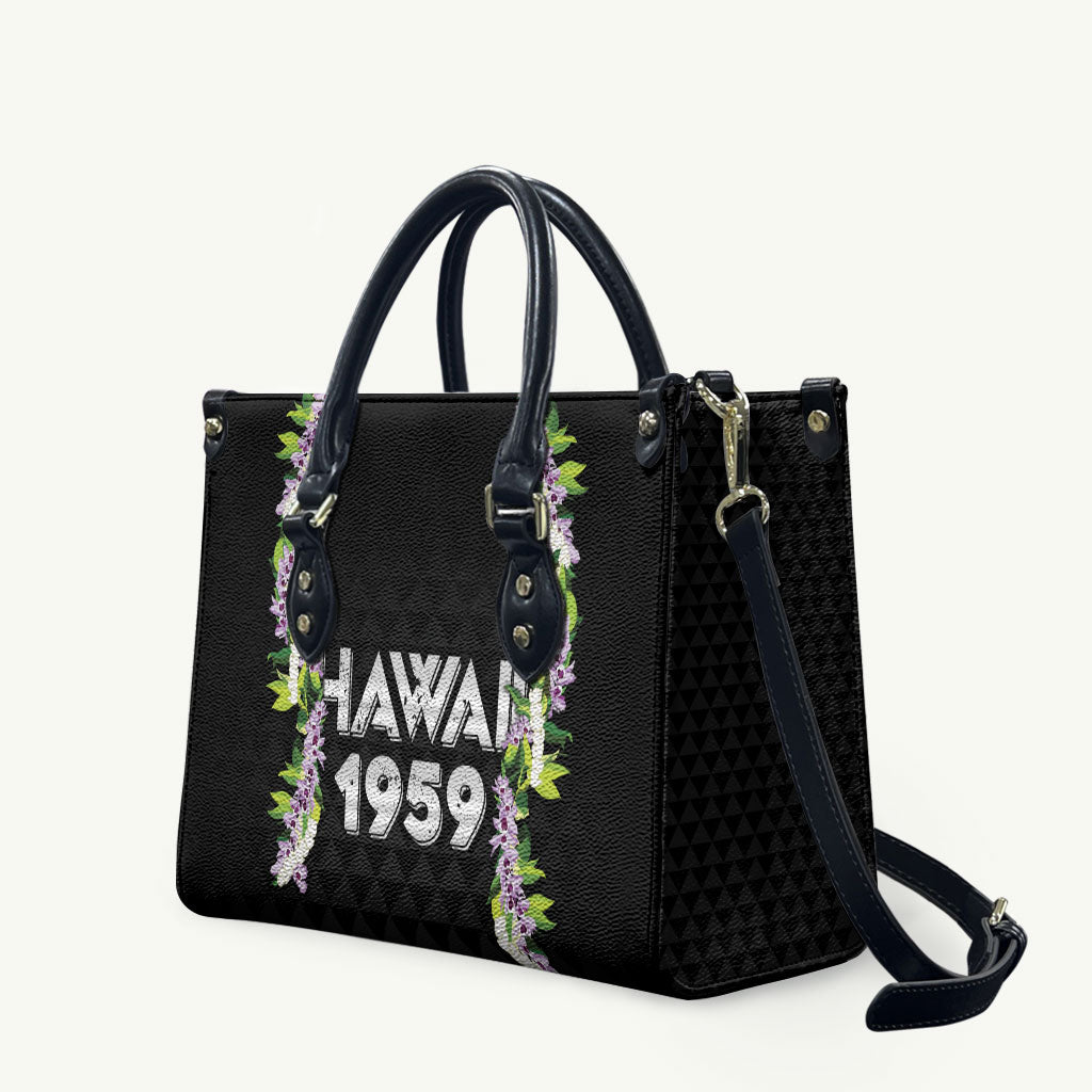 Hawaii Statehood Day Leather Bag Kakau Pattern With Maile Pikake Honohono Lei