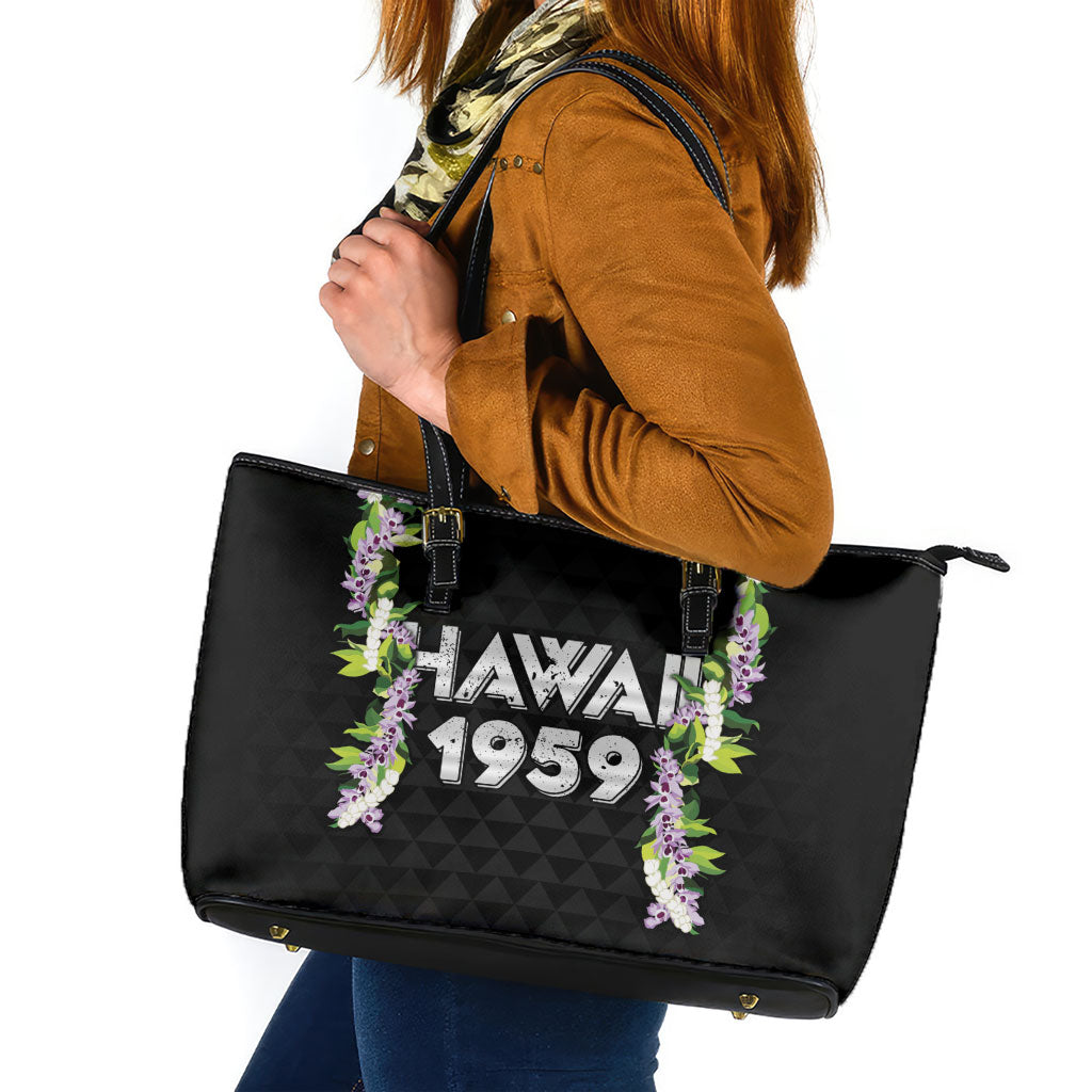 Hawaii Statehood Day Leather Tote Bag Kakau Pattern With Maile Pikake Honohono Lei