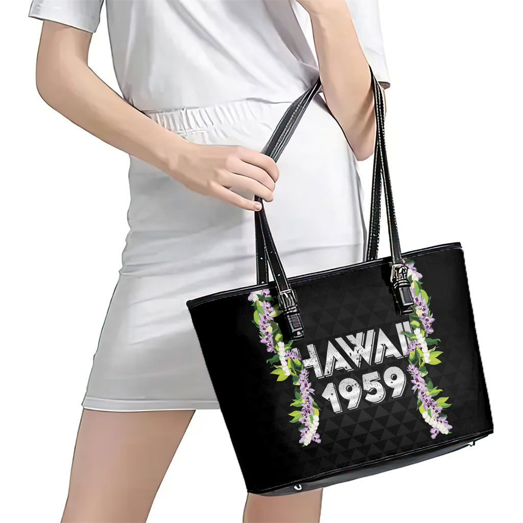 Hawaii Statehood Day Leather Tote Bag Kakau Pattern With Maile Pikake Honohono Lei
