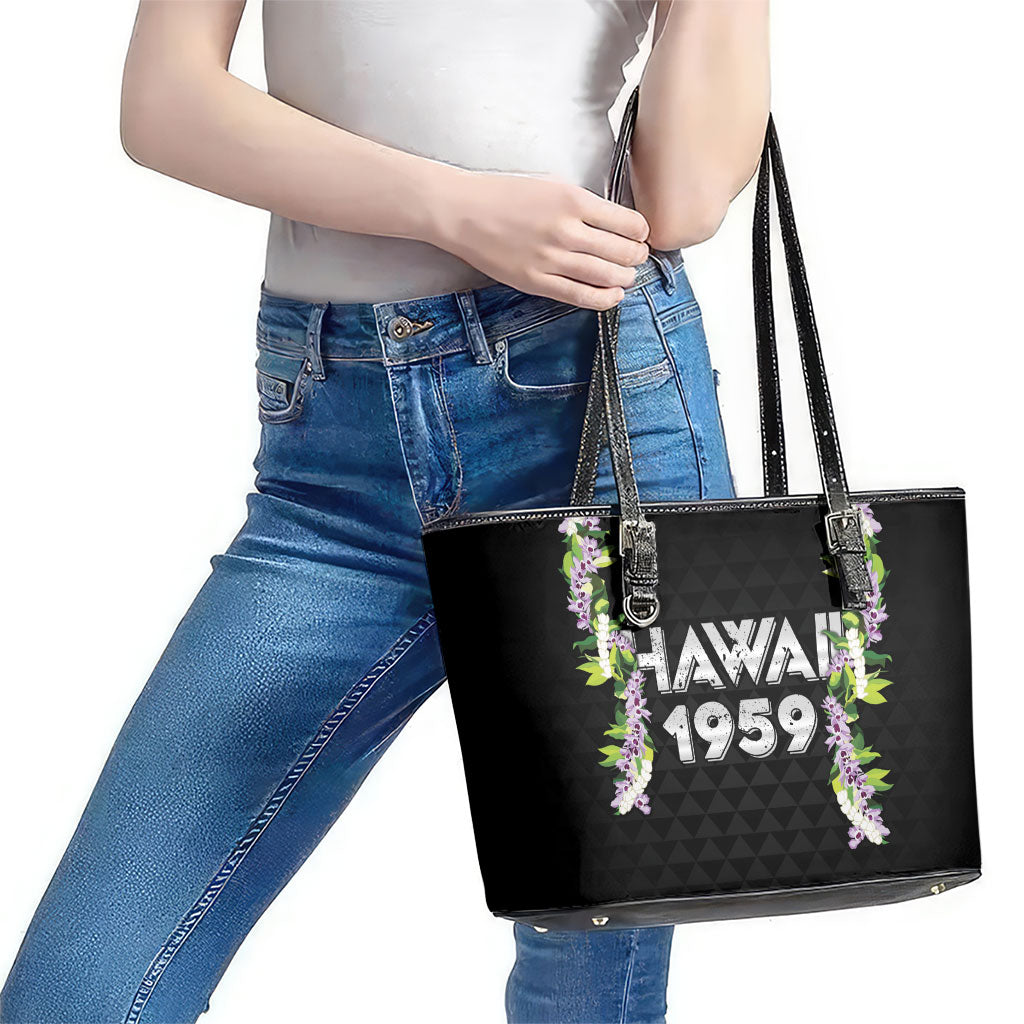 Hawaii Statehood Day Leather Tote Bag Kakau Pattern With Maile Pikake Honohono Lei