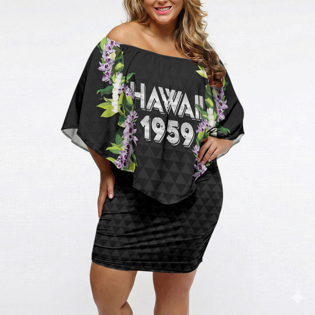 Hawaii Statehood Day Off Shoulder Short Dress Kakau Pattern With Maile Pikake Honohono Lei