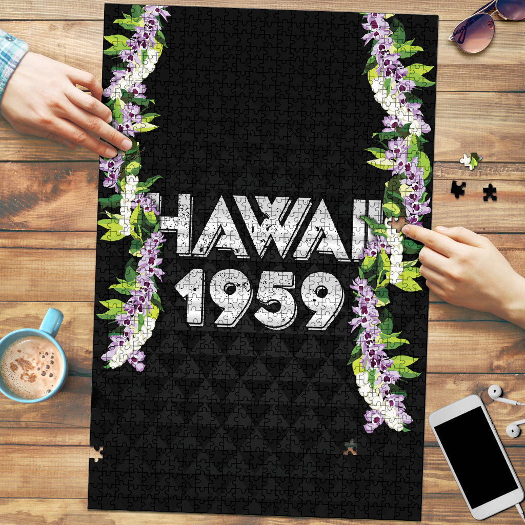 Hawaii Statehood Day Puzzle Kakau Pattern With Maile Pikake Honohono Lei LT05 Black - Polynesian Pride