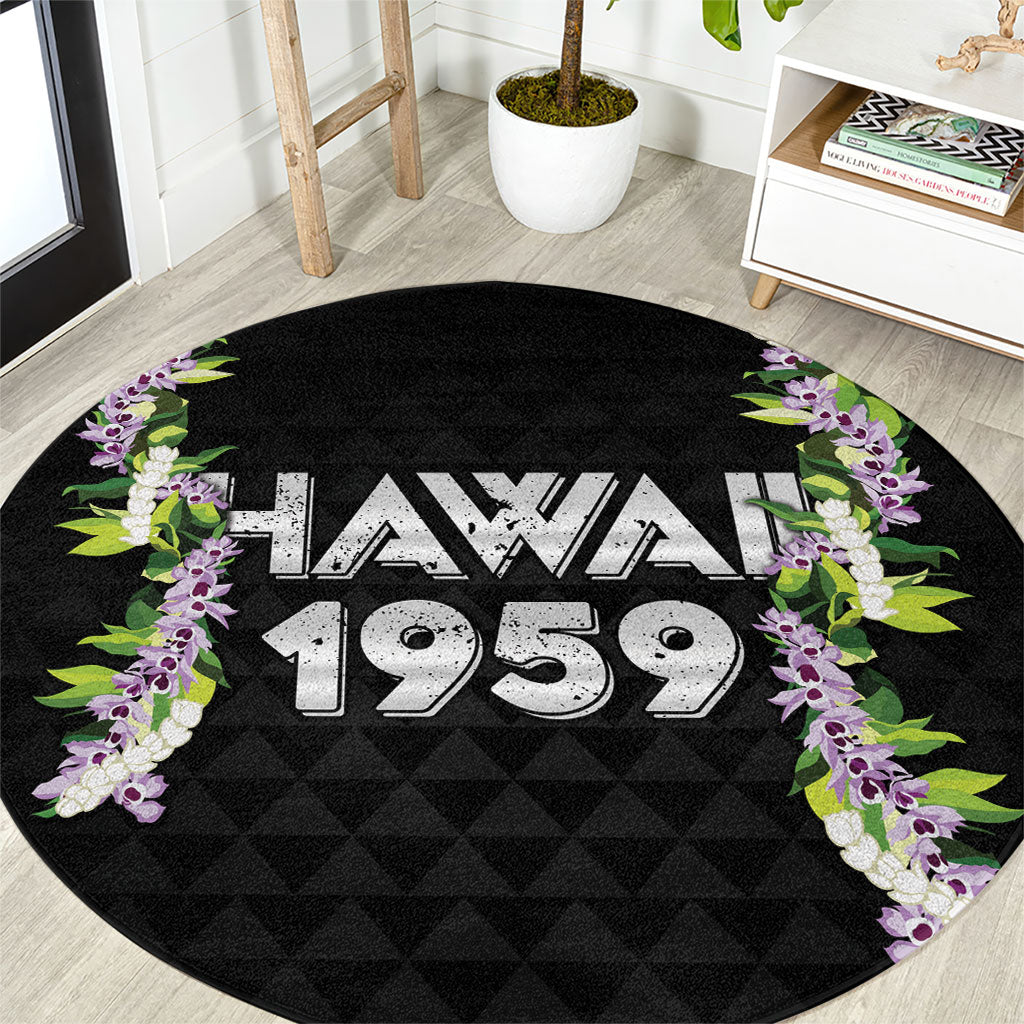 Hawaii Statehood Day Round Carpet Kakau Pattern With Maile Pikake Honohono Lei LT05 Black - Polynesian Pride
