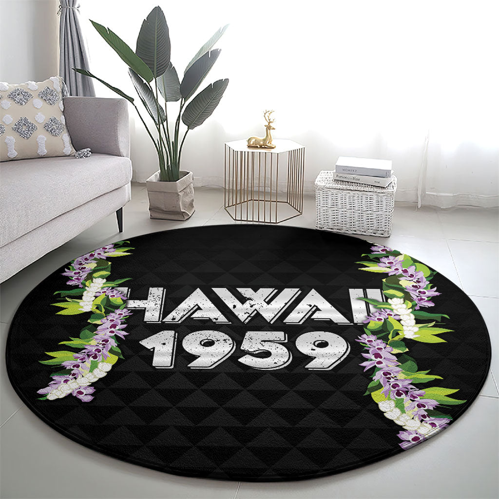Hawaii Statehood Day Round Carpet Kakau Pattern With Maile Pikake Honohono Lei