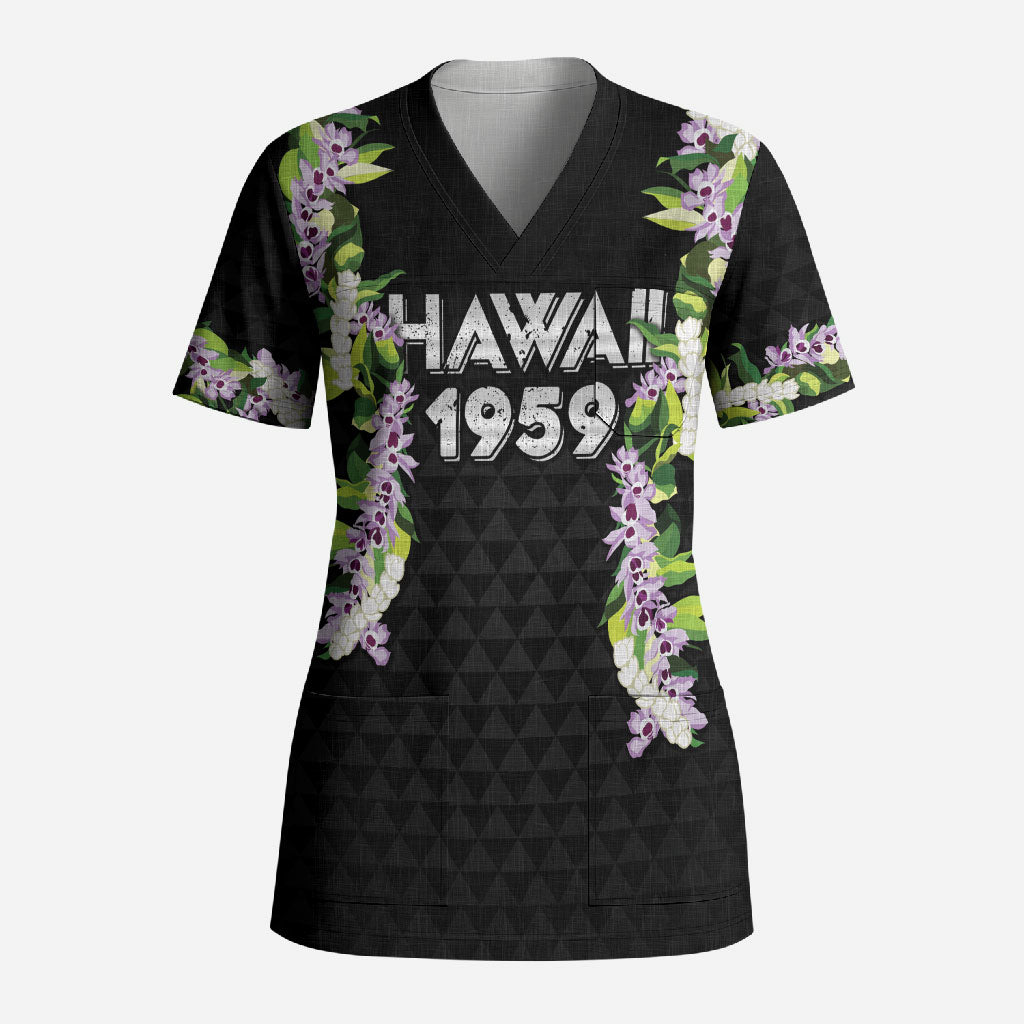 Hawaii Statehood Day Scrub Top Kakau Pattern With Maile Pikake Honohono Lei