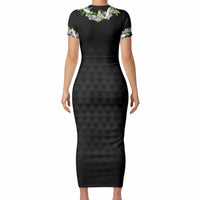 Hawaii Statehood Day Short Sleeve Bodycon Dress Kakau Pattern With Maile Pikake Honohono Lei
