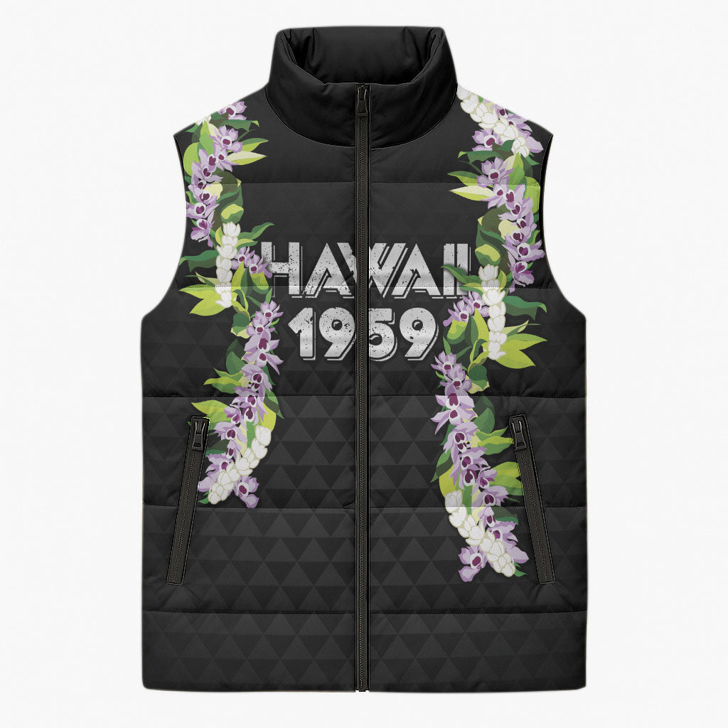 Hawaii Statehood Day Sleeveless Puffer Jacket Kakau Pattern With Maile Pikake Honohono Lei