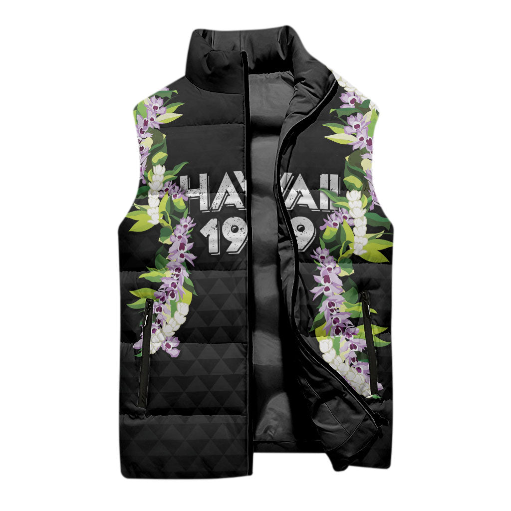 Hawaii Statehood Day Sleeveless Puffer Jacket Kakau Pattern With Maile Pikake Honohono Lei