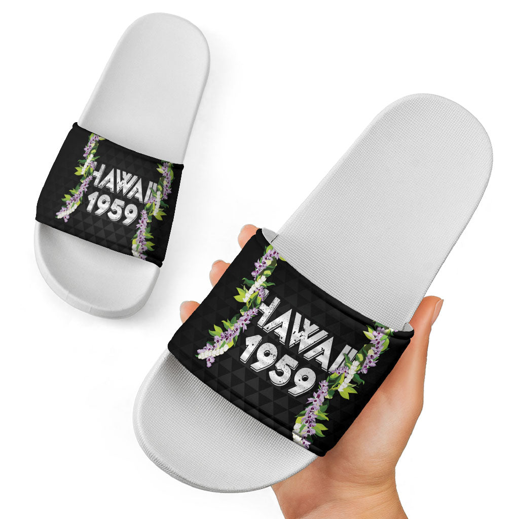 Hawaii Statehood Day Slide Sandals Kakau Pattern With Maile Pikake Honohono Lei