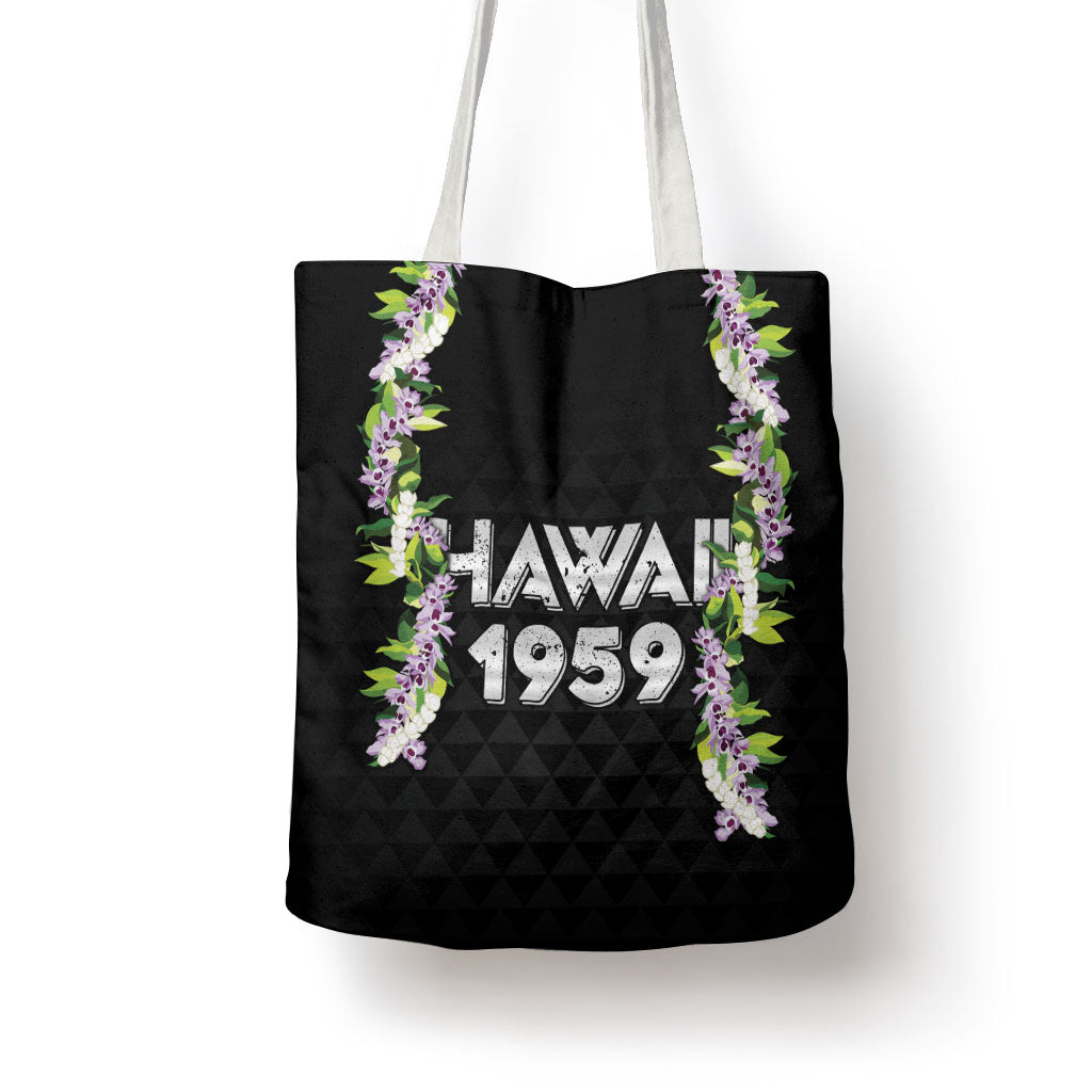 Hawaii Statehood Day Tote Bag Kakau Pattern With Maile Pikake Honohono Lei