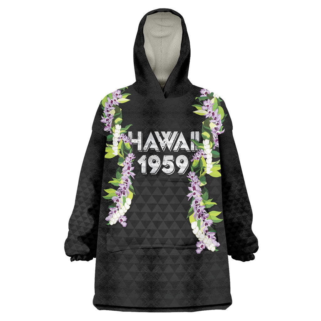 Hawaii Statehood Day Wearable Blanket Hoodie Kakau Pattern With Maile Pikake Honohono Lei