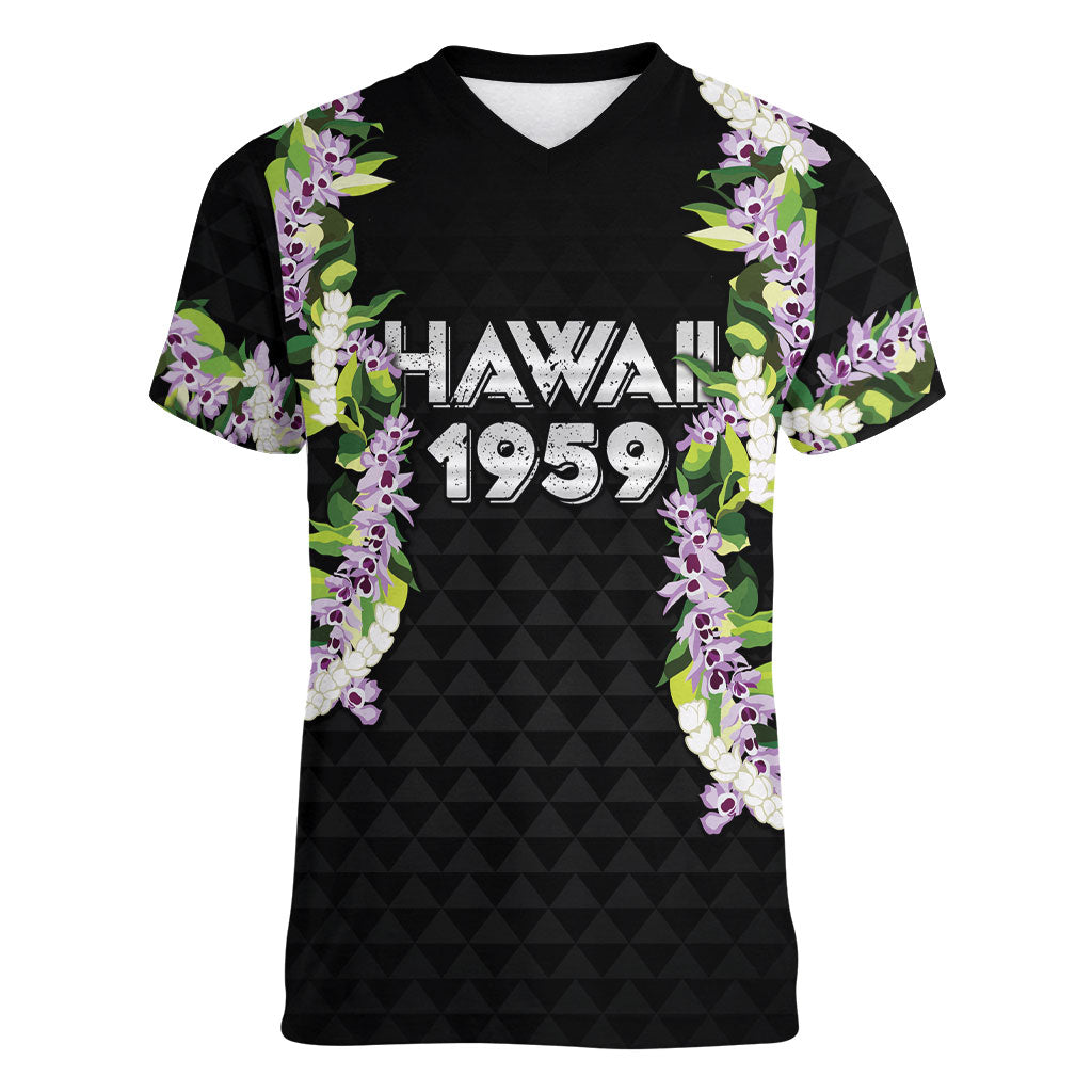 Hawaii Statehood Day Women V-Neck T-Shirt Kakau Pattern With Maile Pikake Honohono Lei