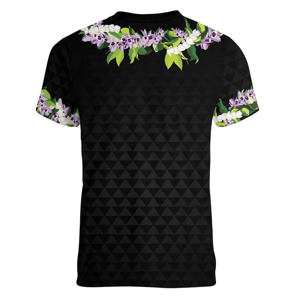 Hawaii Statehood Day Women V-Neck T-Shirt Kakau Pattern With Maile Pikake Honohono Lei