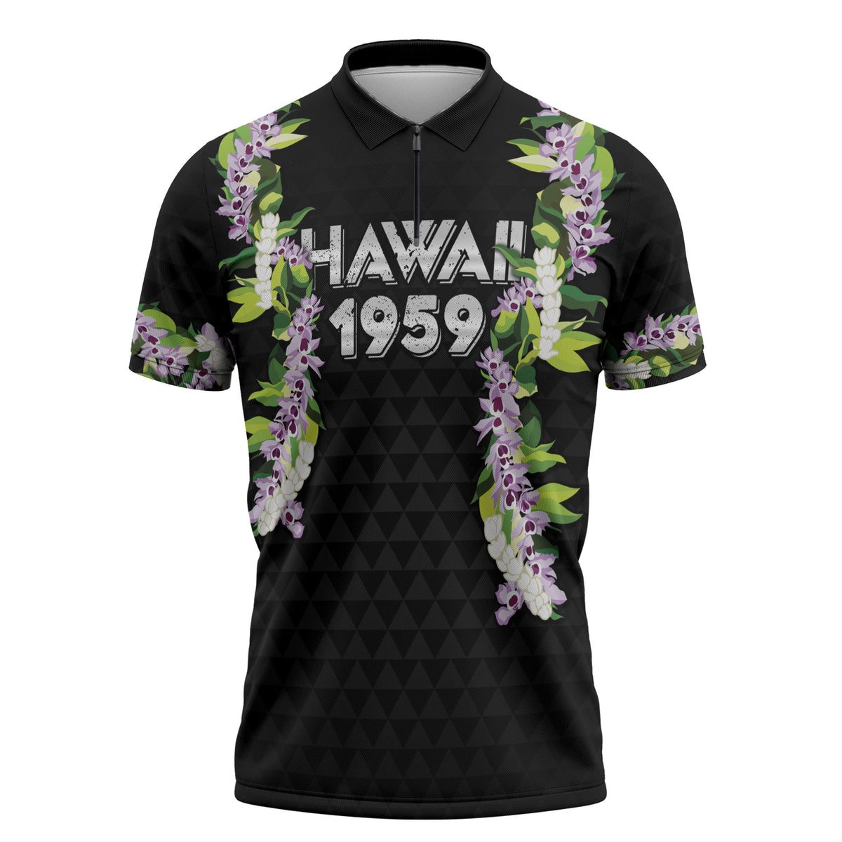Hawaii Statehood Day Zipper Polo Shirt Kakau Pattern With Maile Pikake Honohono Lei