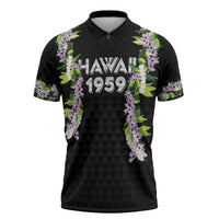 Hawaii Statehood Day Zipper Polo Shirt Kakau Pattern With Maile Pikake Honohono Lei