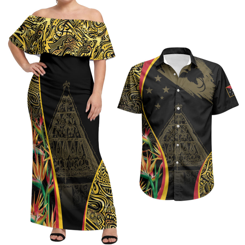 Papua New Guinea Hapi De Bilong Indipendens Couples Matching Off Shoulder Maxi Dress and Hawaiian Shirt Special Style LT05 Black - Polynesian Pride