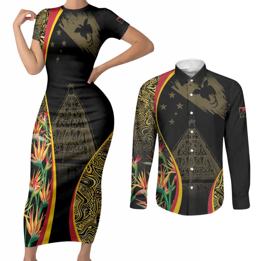 Papua New Guinea Hapi De Bilong Indipendens Couples Matching Short Sleeve Bodycon Dress and Long Sleeve Button Shirt Special Style LT05 Black - Polynesian Pride