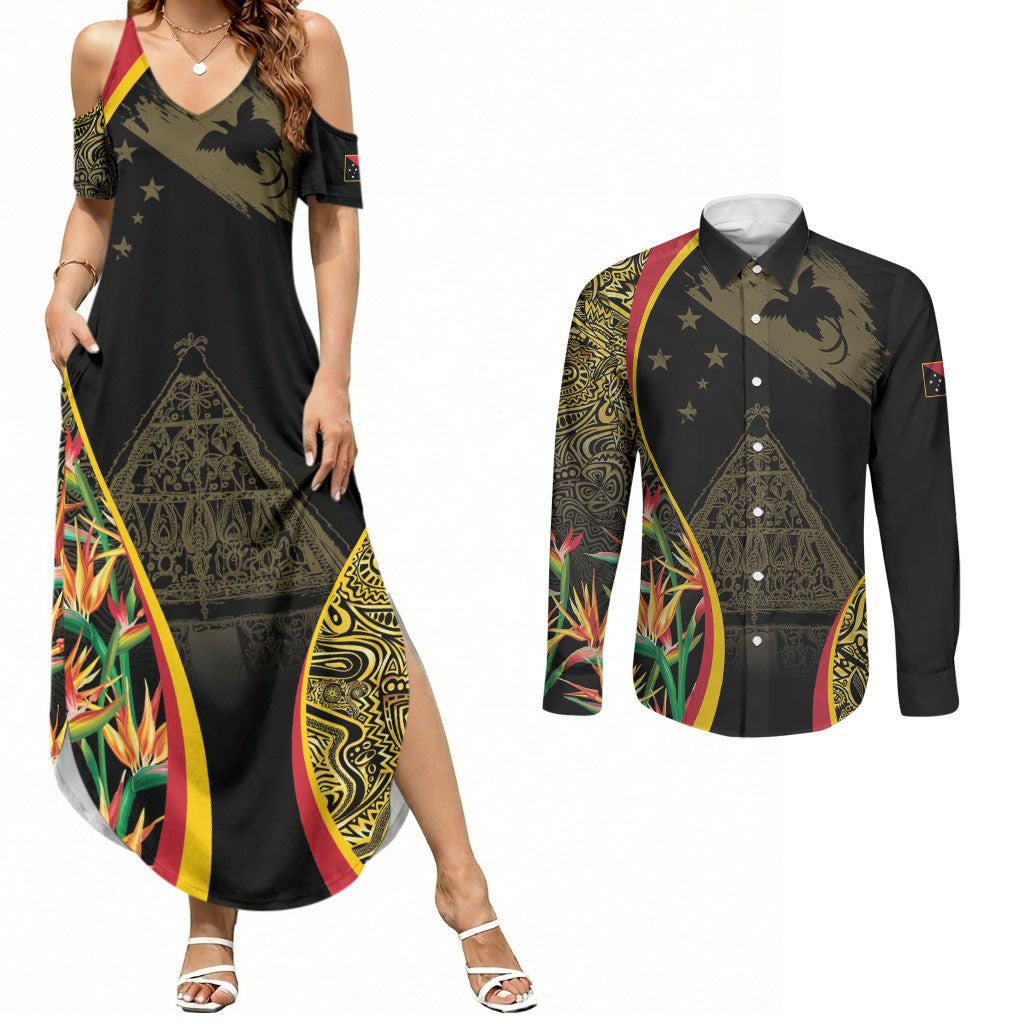 Papua New Guinea Hapi De Bilong Indipendens Couples Matching Summer Maxi Dress and Long Sleeve Button Shirt Special Style LT05 Black - Polynesian Pride