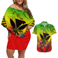 Personalized Hawaii Couples Matching Off Shoulder Short Dress and Hawaiian Shirt Kakau Kanaka Maoli With Hibiscus Flowers LT05 Reggae - Polynesian Pride