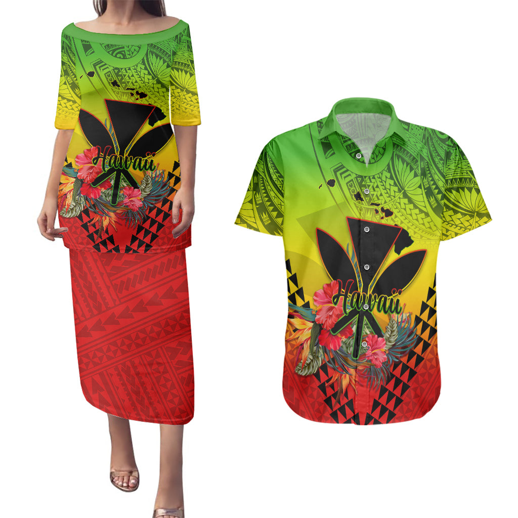 Personalized Hawaii Couples Matching Puletasi Dress and Hawaiian Shirt Kakau Kanaka Maoli With Hibiscus Flowers LT05 Reggae - Polynesian Pride