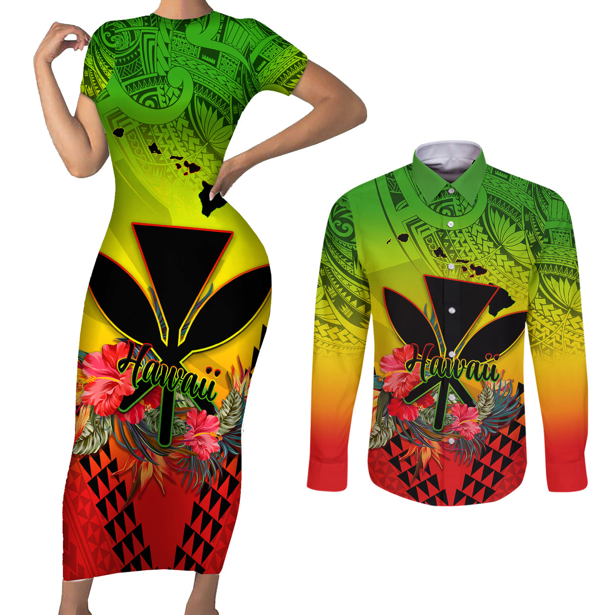Personalized Hawaii Couples Matching Short Sleeve Bodycon Dress and Long Sleeve Button Shirts Kakau Kanaka Maoli With Hibiscus Flowers LT05 Reggae - Polynesian Pride