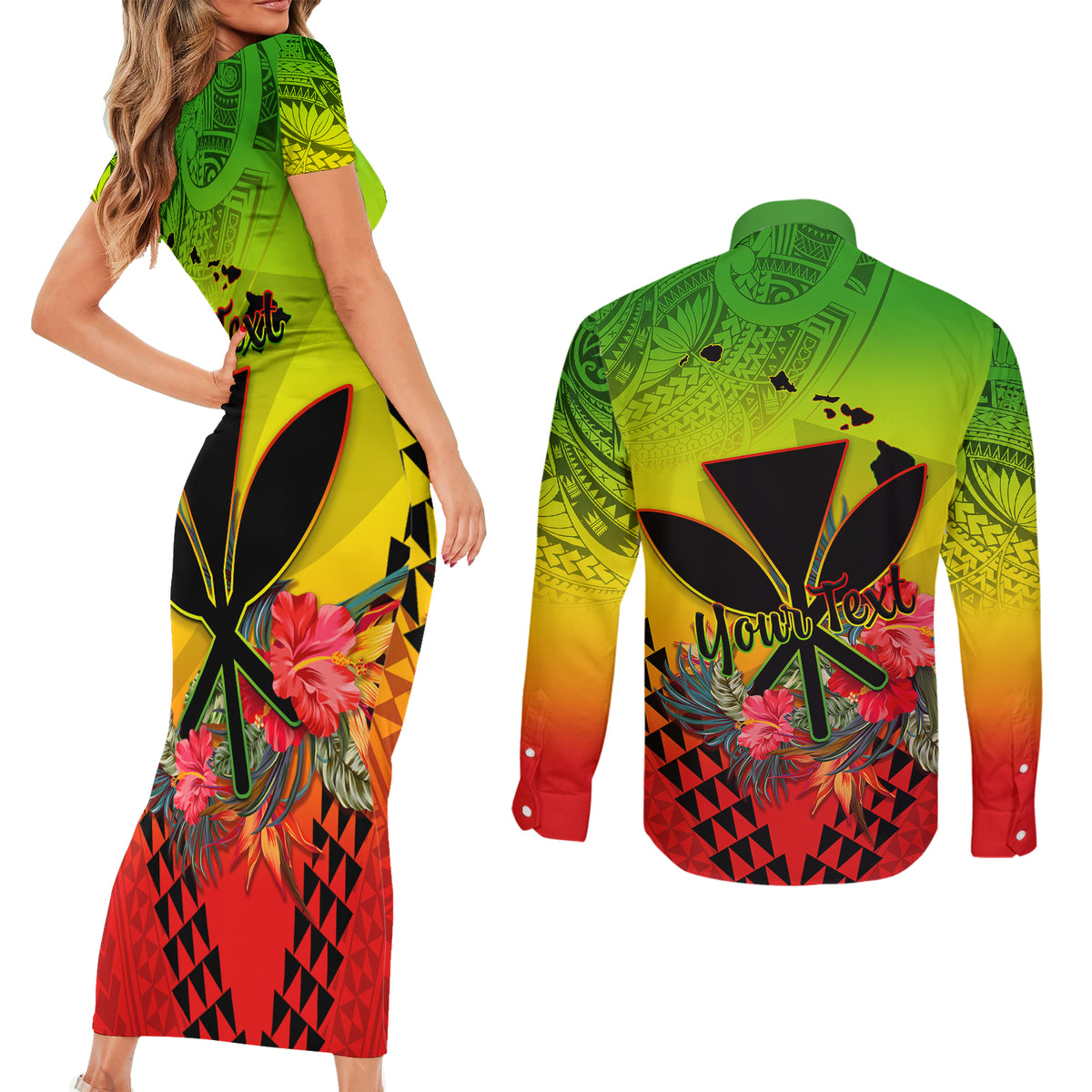 Personalized Hawaii Couples Matching Short Sleeve Bodycon Dress and Long Sleeve Button Shirts Kakau Kanaka Maoli With Hibiscus Flowers LT05 - Polynesian Pride