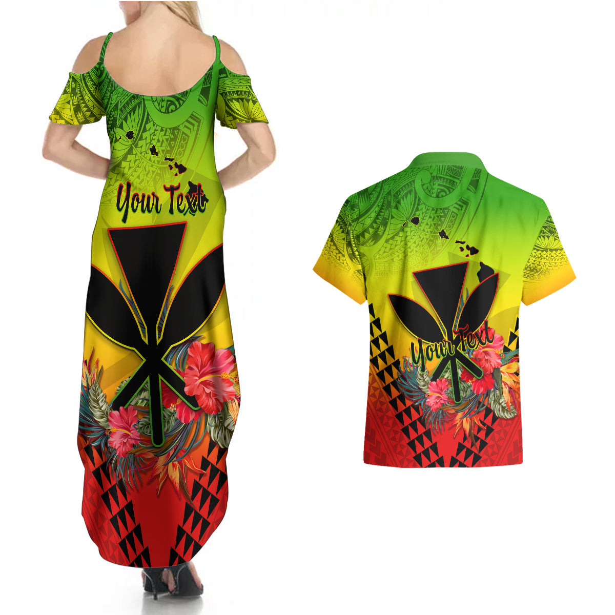 Personalized Hawaii Couples Matching Summer Maxi Dress and Hawaiian Shirt Kakau Kanaka Maoli With Hibiscus Flowers LT05 - Polynesian Pride