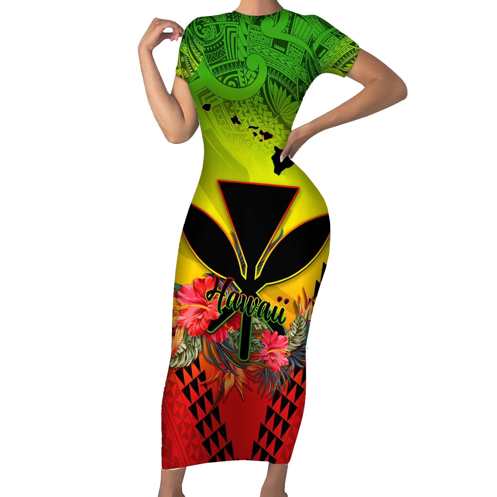 Personalized Hawaii Short Sleeve Bodycon Dress Kakau Kanaka Maoli With Hibiscus Flowers LT05 Long Dress Reggae - Polynesian Pride