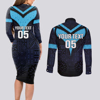 Custom Fiji Kaiviti Rugby Couples Matching Long Sleeve Bodycon Dress and Long Sleeve Button Shirt Fiji Tapa Pattern