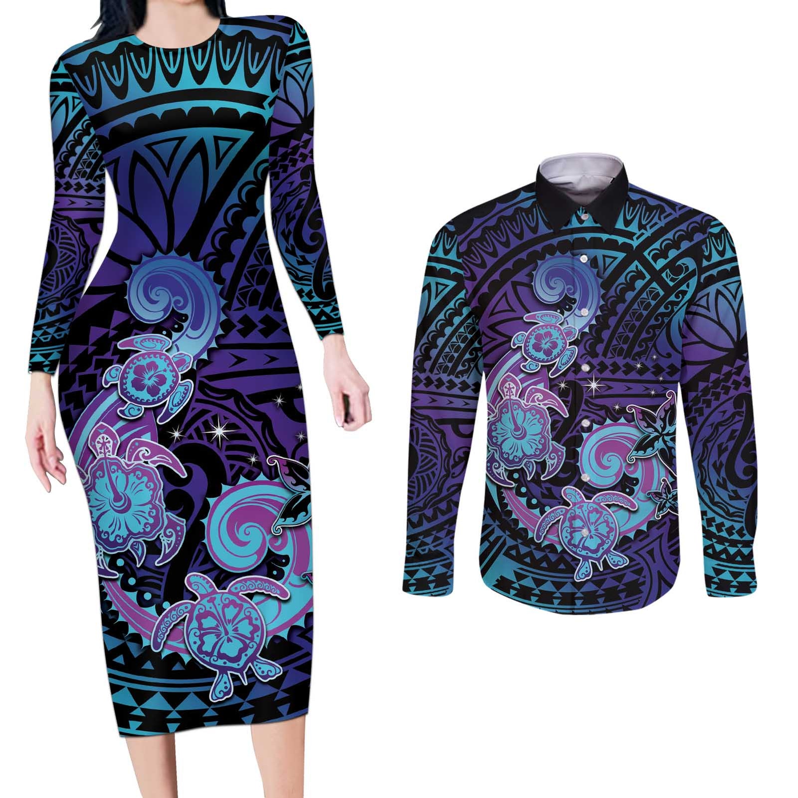 Hawaii Makahiki Turtle Couples Matching Long Sleeve Bodycon Dress and Long Sleeve Button Shirt Spiral Polynesian Tattoo LT05 Purple - Polynesian Pride