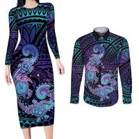 Hawaii Makahiki Turtle Couples Matching Long Sleeve Bodycon Dress and Long Sleeve Button Shirt Spiral Polynesian Tattoo